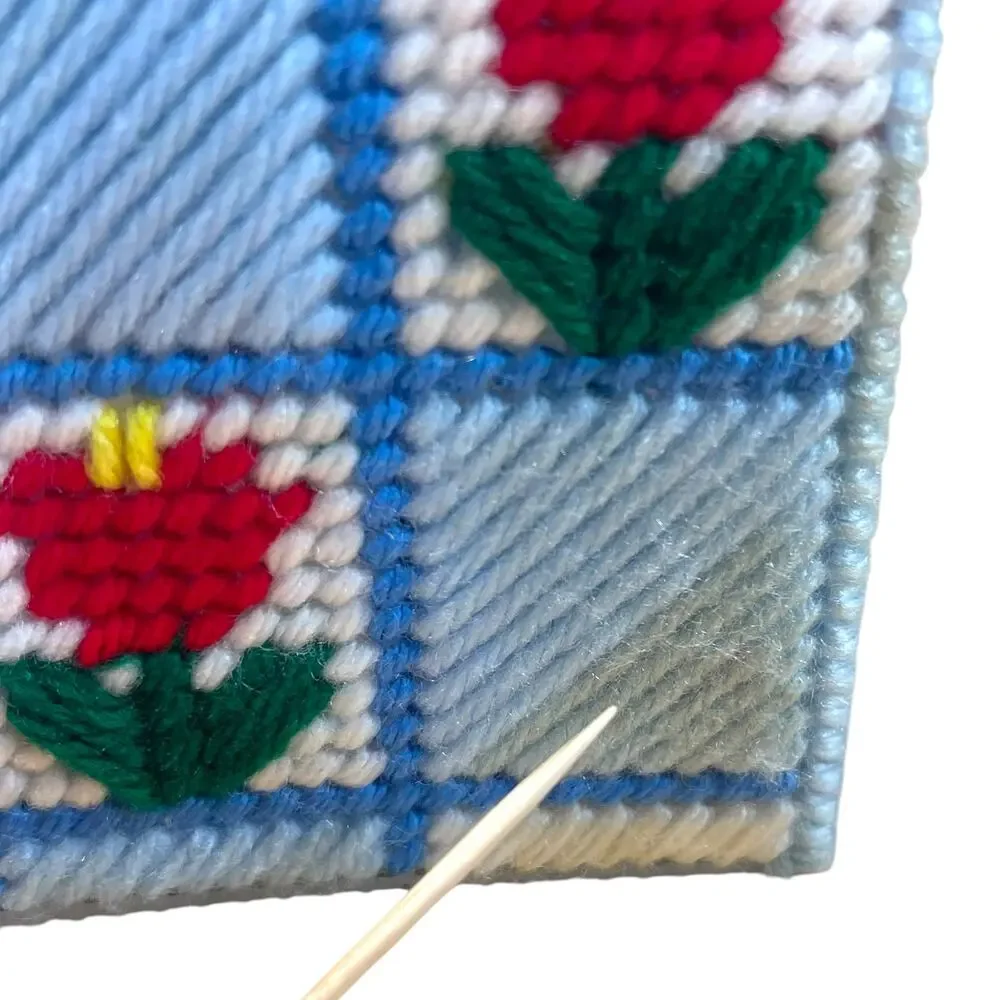 Vintage Handmade Yarn Tissue Box Cover Blue Floral Plastic Canvas Needlepoint